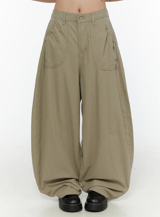 LEWKIN Shirred Balloon Cotton Trousers CL507 Dark green front view on model wearing black loafers, cropped waist-down shot showing balloon silhouette