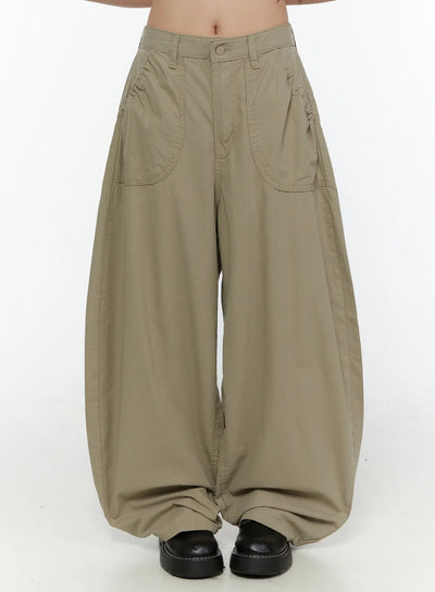 LEWKIN Shirred Balloon Cotton Trousers CL507 Dark green front view on model wearing black loafers, cropped waist-down shot showing balloon silhouette