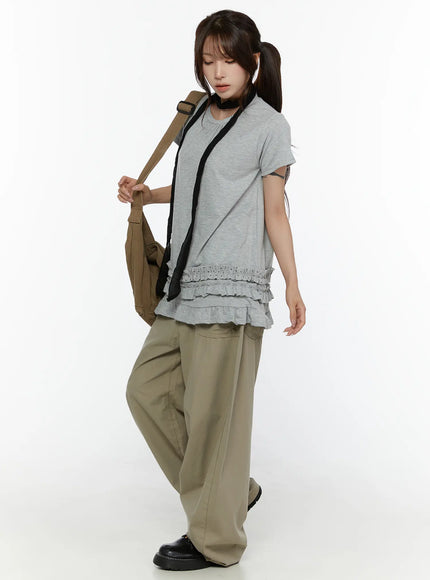 Shirred Balloon Cotton Trousers CL507 Dark green back close-up detail of shirred back pocket with gathered ruching and contrast stitching on cotton fabric