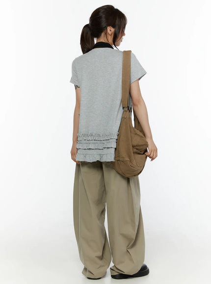 Shirred Balloon Cotton Trousers CL507 Dark green front view on model showing high-rise waistband, oversized patch pockets, and gathered balloon leg hem