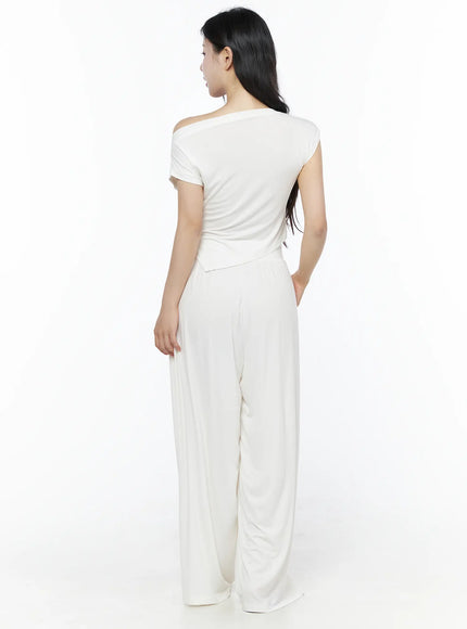 Shirred Boat Neck Tee and Sweatpants Set IU525 White back shot on model, asymmetric off-shoulder top with ruched back and wide-leg sweatpants full-length view