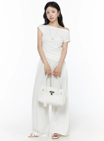 Shirred Boat Neck Tee and Sweatpants Set IU525 White full-length front shot on model holding white bag, wide-leg pants with elastic waist and sandals