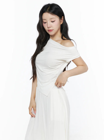 Shirred Boat Neck Tee and Sweatpants Set IU525 White side shot on model looking down, off-shoulder ruched top with asymmetric hem and hand on hip pose