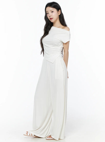 Shirred Boat Neck Tee and Sweatpants Set IU525 White full-length side shot on model, wide-leg sweatpants with tall elastic waistband and flowy pleated fabric