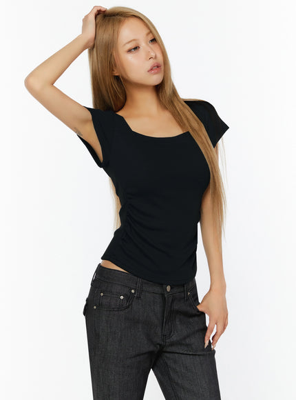 Shirred Cap Sleeve Top IL524 in Black, size S/M