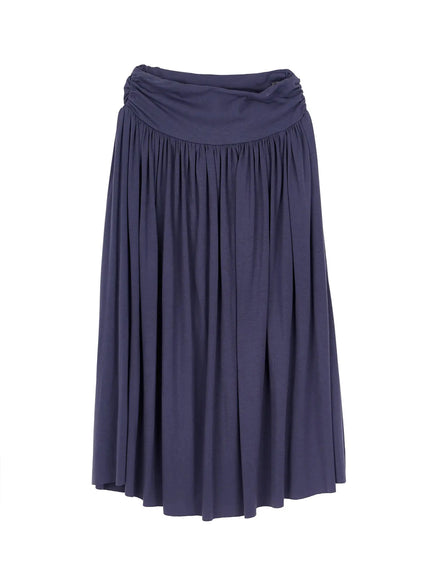 Shirred Flare Maxi Skirt IL502 Dark blue flat-lay front view showing ruched fold-over waistband and fully flared gathered maxi silhouette, soft jersey fabric