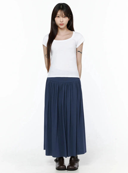 Shirred Flare Maxi Skirt IL502 Dark blue full-body front shot on model wearing white tee and dark brown buckle boots, hands at sides, showing A-line silhouette