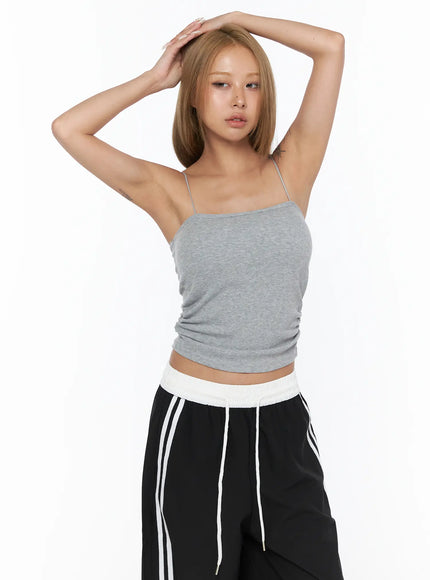Shirred Padded Tank Top CU523 Gray front model shot arms raised overhead showing square neckline spaghetti straps ribbed crop silhouette