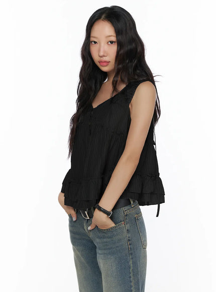 Shirred Ribbon Sleeveless Blouse CL510 in Black, size S/M