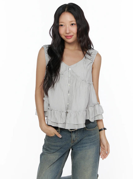 Shirred Ribbon Sleeveless Blouse CL510 in Gray, size S/M