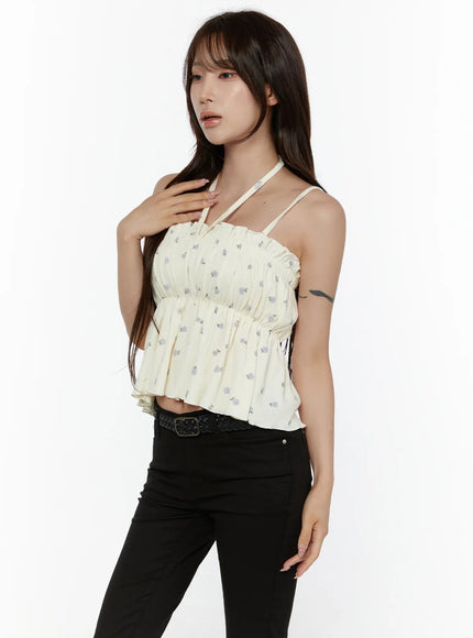 Shirred Ribbon Sleeveless Top CL507 in Light beige, size S/M