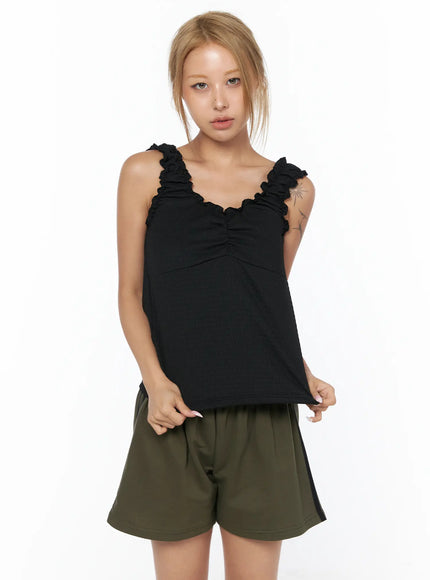 Shirred Ruffle Tank Top CU524 in Black, size S/M