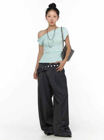 Shirred Slit Off-Shoulder Tee CL510 Mint front full-body model standing asymmetric off-shoulder draped crop top ruched hem styled with wide-leg trousers