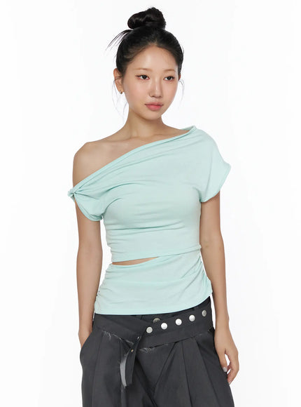Shirred Slit Off-Shoulder Tee CL510 Mint front close-up model upper-body asymmetric drape twist shoulder detail cutout midriff ruched side panels stretch knit