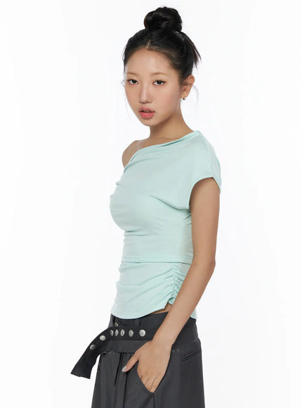 Shirred Slit Off-Shoulder Tee CL510 Mint side model right-side view no knot shoulder drape fitted crop ruched lower hem cutout midriff soft knit fabric