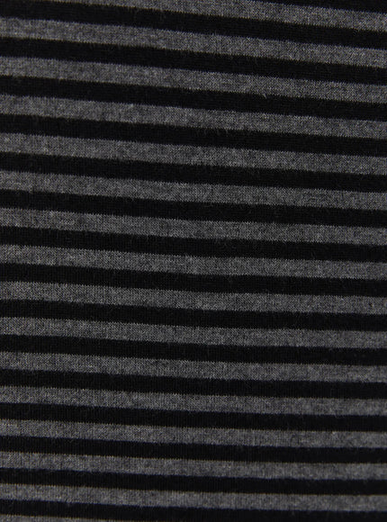 Short Sleeve Hooded Jacket IL523 Black close-up fabric texture detail showing black and charcoal gray horizontal stripe soft knit jersey material