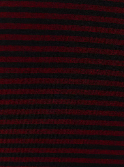 Short Sleeve Hooded Jacket IL523 close-up fabric texture detail showing deep burgundy red and black horizontal stripe soft knit jersey material