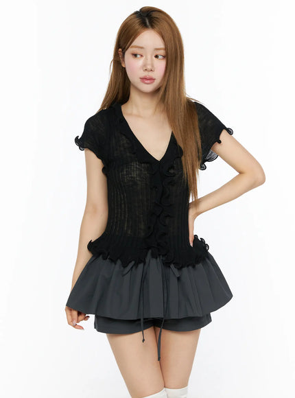 Short Sleeve Ruffle Cardigan CL501 in Black, size S/M