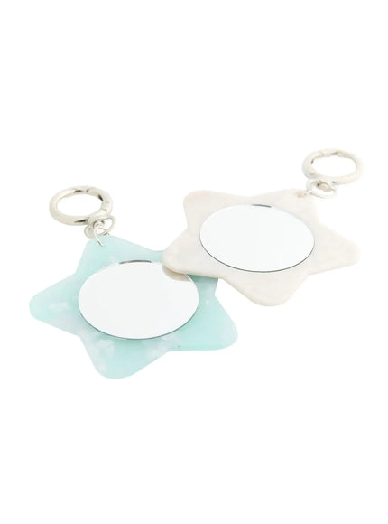 LEWKIN Sienna Stra Compact Mirror IL503 Mint and White angled flat-lay showing both color variants with star-shaped acrylic body and round mirror