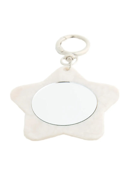 Sienna Stra Compact Mirror IL503 White front view of star-shaped opaque acrylic keychain with round circular mirror and silver swivel ring clasp