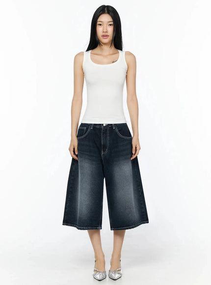 Silky Round Neck Tank Top IL509 White full-body front shot model standing straight arms at sides scoop neck sleeveless fitted tank wide-leg denim culottes