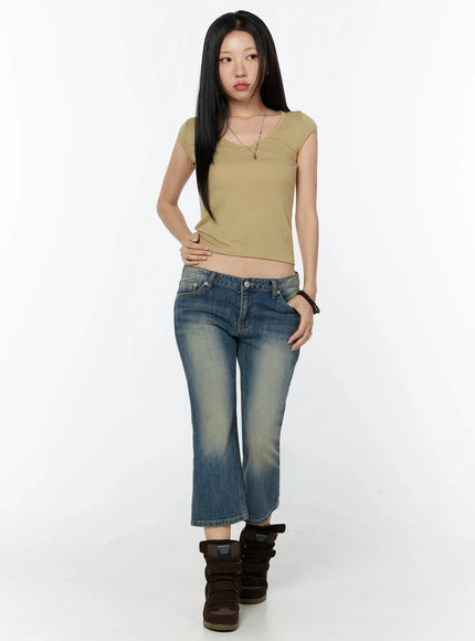 Simi Vintage Washed Capri Jeans IU524 Dark blue full-body front shot on model with long black hair, arms at sides, paired with beige cap-sleeve crop top