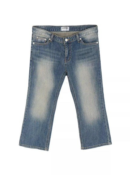 Simi Vintage Washed Capri Jeans IU524 Dark blue flat-lay front view showing full silhouette, low-rise waistband, faded wash, silver button, and cropped flare hem