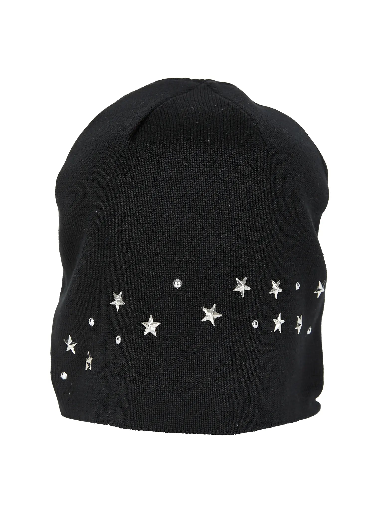 Simic Starmix Beanie IL503 Black back flat hanger view showing scattered silver star studs and round rhinestones on ribbed knit fabric