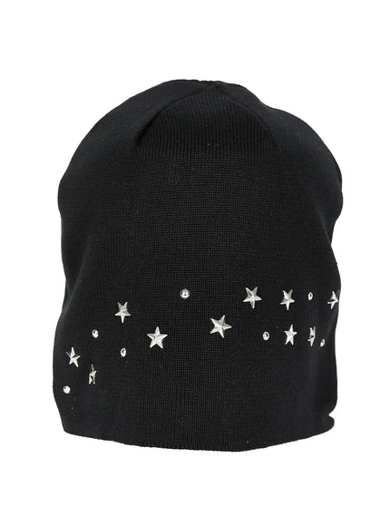 Simic Starmix Beanie IL503 Black back flat hanger view showing scattered silver star studs and round rhinestones on ribbed knit fabric