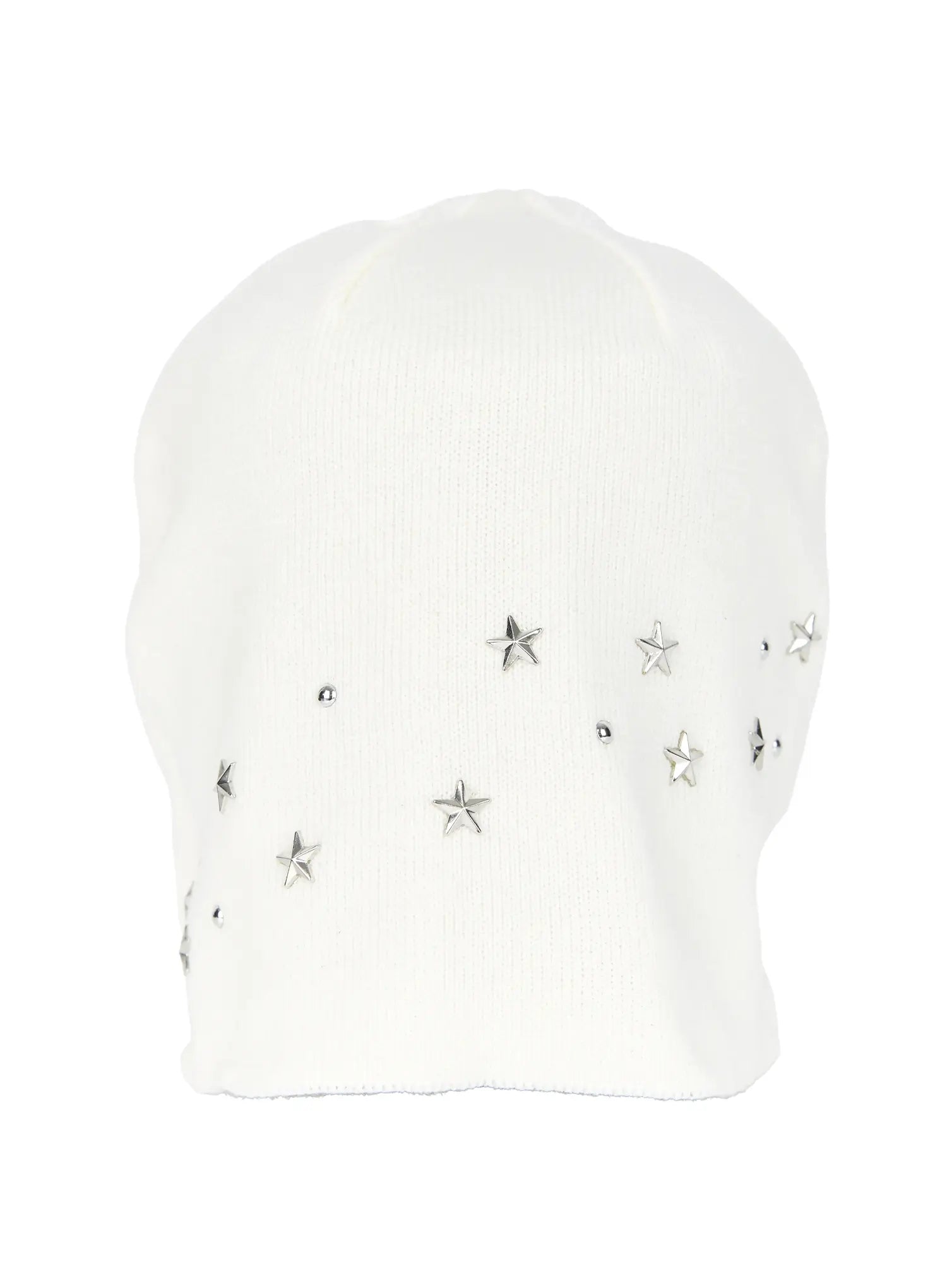 Simic Starmix Beanie IL503 White back flat hanger view showing scattered silver star studs and round rhinestones on ivory ribbed knit fabric