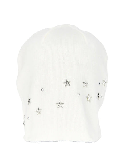 Simic Starmix Beanie IL503 White back flat hanger view showing scattered silver star studs and round rhinestones on ivory ribbed knit fabric