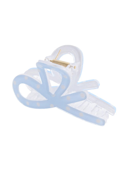 Sky Ribbon Hair Pin IL514 light blue back detail showing gold coil spring hinge mechanism and transparent acrylic underside of bow claw clip