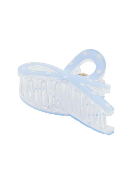 Sky Ribbon Hair Pin IL514 light blue side view displaying open claw teeth and transparent body with light blue polka dot bow accent