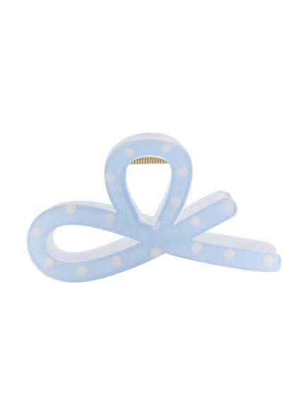LEWKIN Sky Ribbon Hair Pin IL514 light blue front view flat lay showing bow-shaped acrylic claw clip with white polka dot pattern