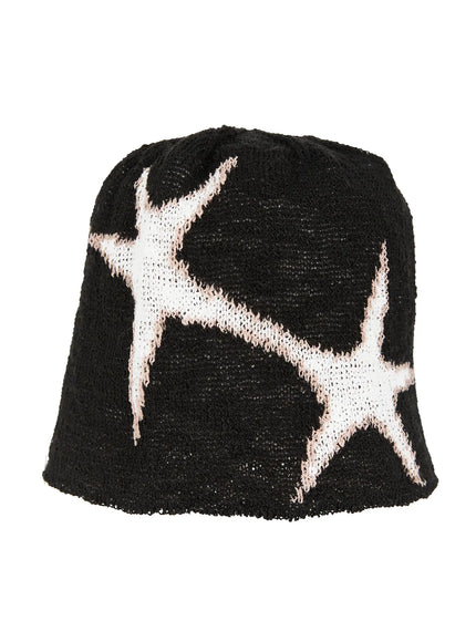 Slab Star Beanie IL503 Black product shot flat standing view, black chunky knit with white star intarsia graphic pattern