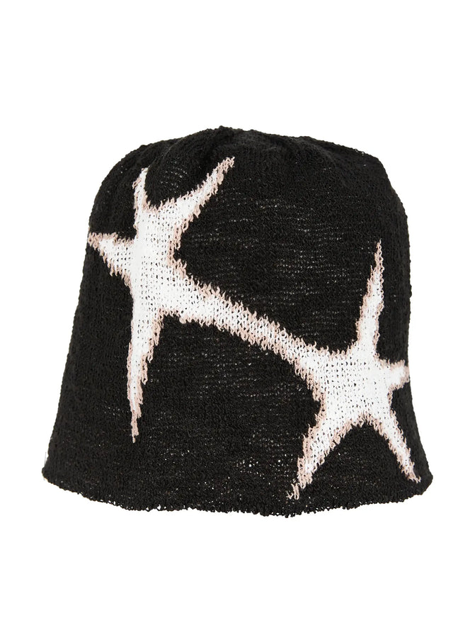Slab Star Beanie IL503 Black product shot flat standing view, black chunky knit with white star intarsia graphic pattern