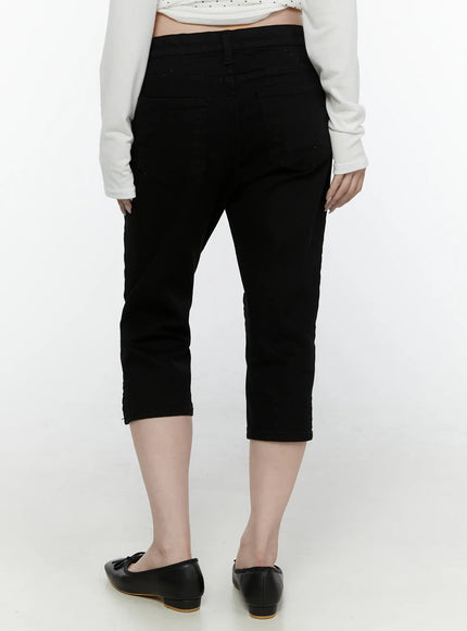 Slim Capri Pants IL521 Black back view on model from waist down showing rear yoke, back pockets and side hem slits with ballet flats
