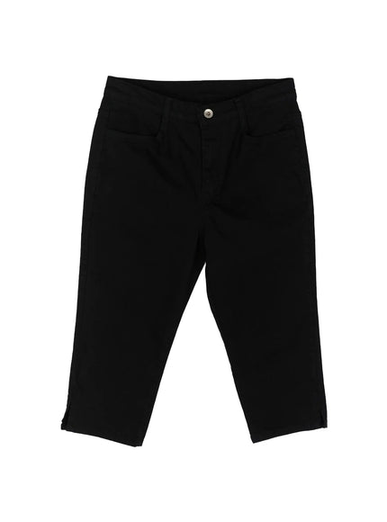 Slim Capri Pants IL521 Black flat-lay front view showing full silhouette, silver button closure, front pockets and side hem slits
