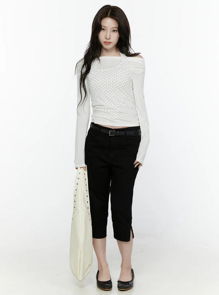 Slim Capri Pants IL521 Black full-body front view on model in white off-shoulder top styled with cream studded bag and black belt
