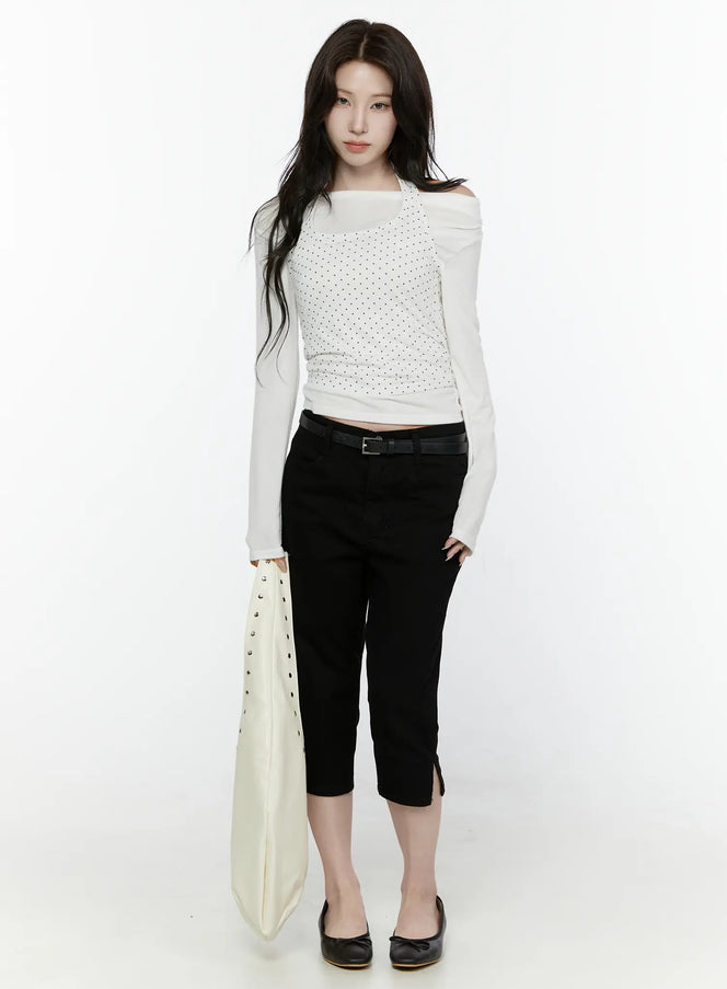 Slim Capri Pants IL521 Black full-body front view on model in white off-shoulder top styled with cream studded bag and black belt