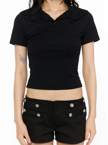 Slim Fit Collared Tee CU530 Black close-up front shot on model cropped view highlighting polo collar button placket ribbed knit fabric crop hem detail