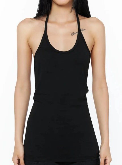 Slim Fit Halter Tank Top IL509 Black close-up front detail shot on model showing scoop neckline halter strap and form-fitting stretch fabric