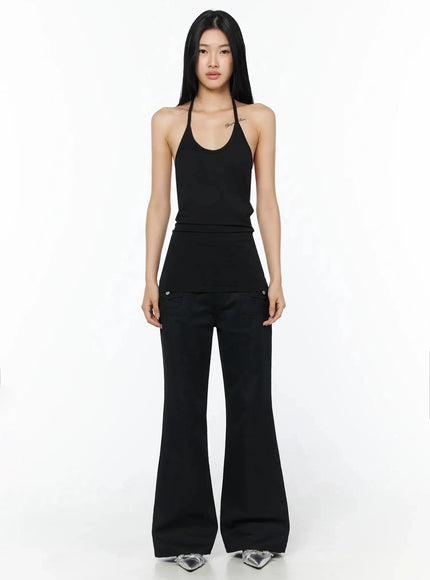 Slim Fit Halter Tank Top IL509 Black full-length front shot on model standing straight showing halter neck straps open shoulders and slim fit