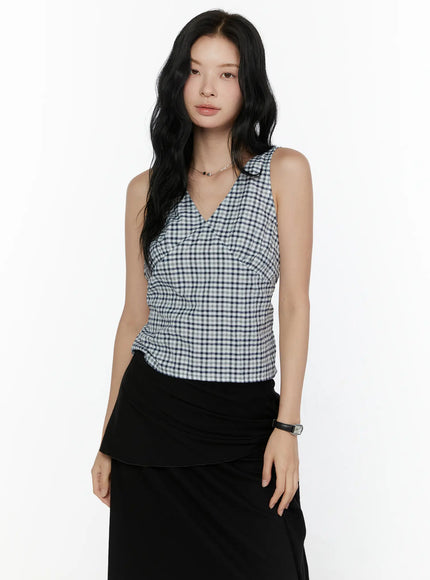 Slim Fit Plaid Sleeveless Top CL520 in Black, size S/M