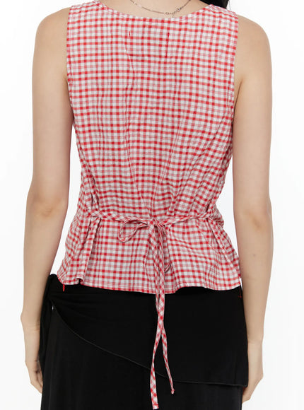 Slim Fit Plaid Sleeveless Top CL520 Red close-up back shot on model showing back tie drawstring detail and gingham check woven texture