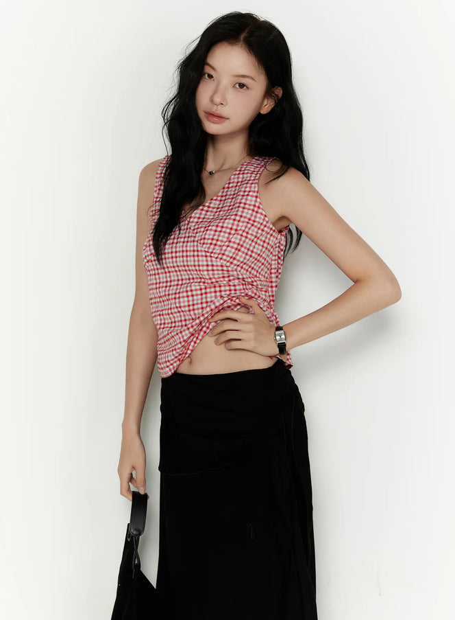 LEWKIN Slim Fit Plaid Sleeveless Top CL520 Red S/M front shot on model wearing hand on hip with black mini bag and black maxi skirt