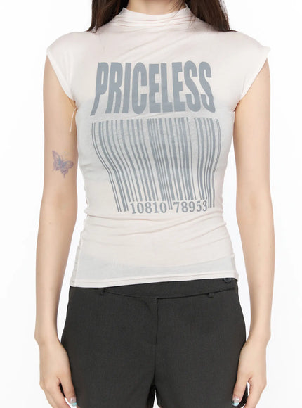 Slim Mock Neck Sheer Graphic Tee CL523 Light pink close-up front shot on model highlighting PRICELESS barcode graphic mock neck and sheer fabric