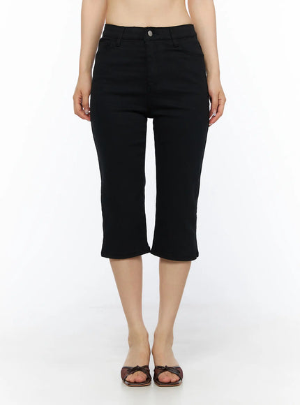 Slit Cotton Capri Trousers CL502 Black front full-body view on model showing high waist button fly and flared capri hem