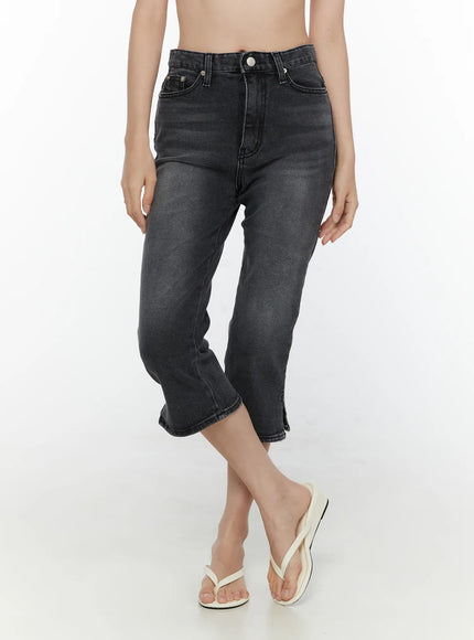 LEWKIN Slit Detail Capri Jeans CL521 washed black front view on model cropped torso high-rise waistband faded denim with white flip-flops