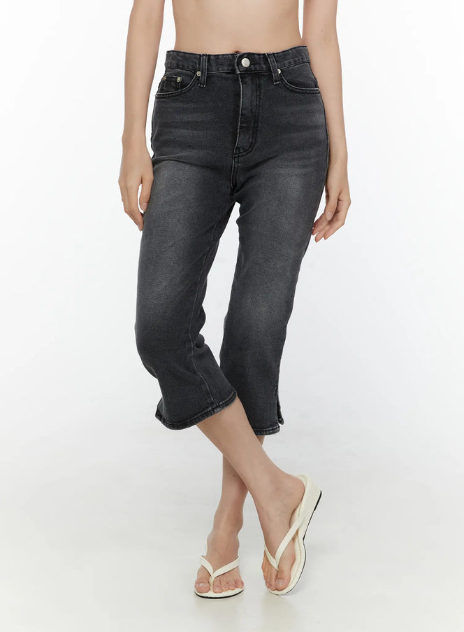 LEWKIN Slit Detail Capri Jeans CL521 washed black front view on model cropped torso high-rise waistband faded denim with white flip-flops
